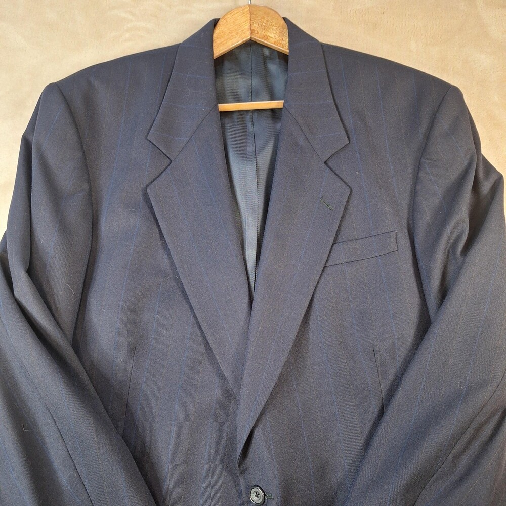 Oscar De La Renta Suit Jacket Mens 44 Long Blue Wool Stripe Ventless 2 Btn